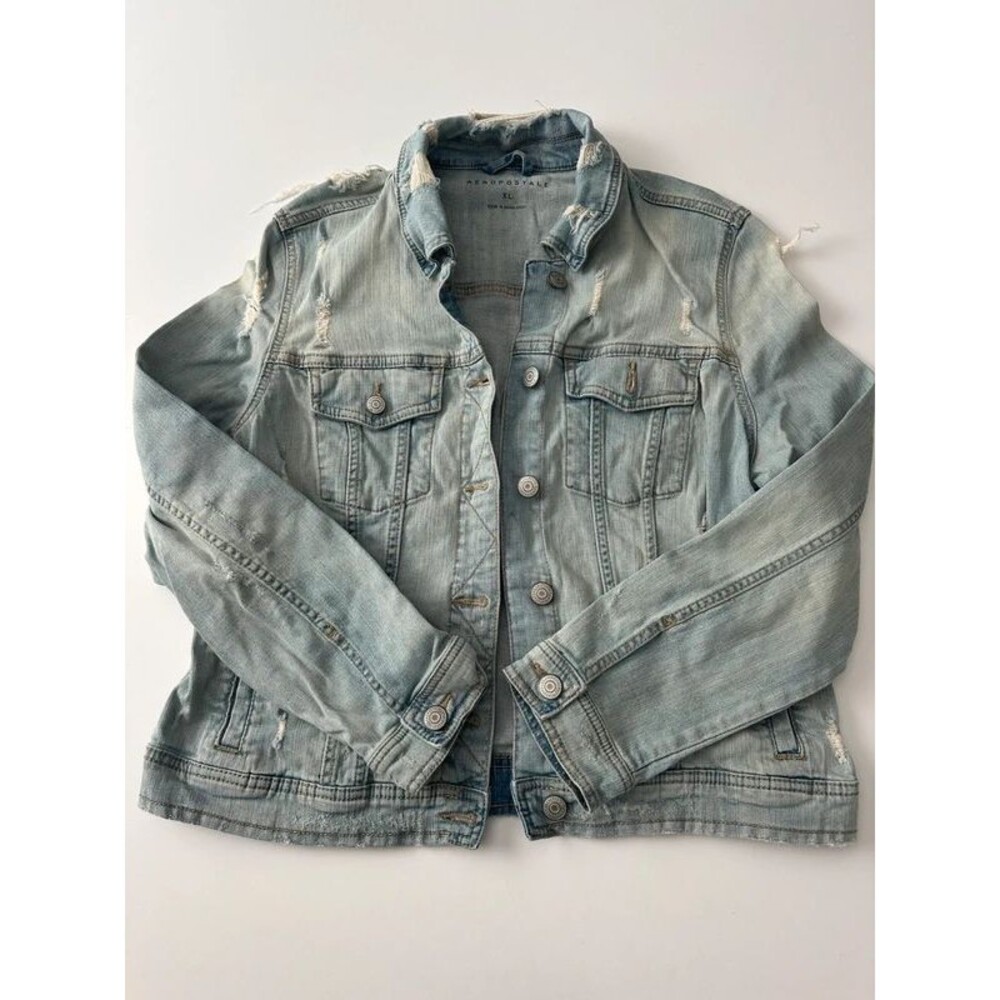 Aeropostale Distressed Denim Jacket Women's XL Light Wash Blue Jean Trucker Y2K